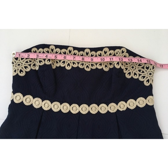 Lilly Pulitzer Betsey Navy Blue and Gold Jacquard Strapless Dress Size 8 - Picture 13 of 16